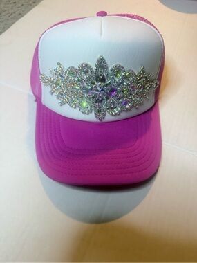New Pink & White Jeweled Trucker Hat